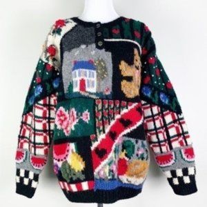 Vintage 1980s Hand Knit Wool Novelty Grandma Sweater by The Eagle's Eye Medium
